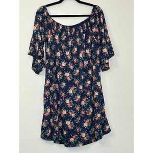 Anthropologie NAÏF Blue Floral Dress L Off Shoulder Bell Sleeve Cottagecore